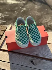 VANS スリッポン チェッカーボード グリーン/白