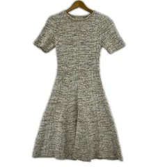 eimy istoire エイミー イストワール ハーフスリーブフレアツイードニットワンピース sizeF/ホワイト×ベージュ系