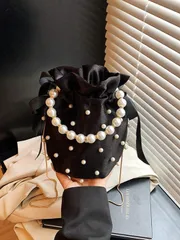 バッグ レディース ドレスバッグ 真珠インレイシルク製レディースハンドバッグ、新作ファッションイブニングバッグ、パーティークラッチ、真珠チェーンショルダーバケツバッグ、エレガントで多用途なスマホケース&コインケース