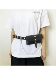 バッグ レディース ウエストバッグ パンクスタイル 制服アクセサリー ベルト フルホールベルト、ダークパンクファッション 多用途パンツパンチングベルトバッグ、レディースチェーンウエストバッグ、携帯電話ポーチ小銭入れ