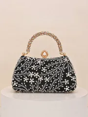 バッグ レディース ドレスバッグ 1個 ブラック ラグジュアリー ラインストーン装飾 イブニングバッグ、ハンドメイド ビーズ ハンドバッグ、フォーマルドレスに最適、エレガントなファッションアクセサリー、結婚式やパー