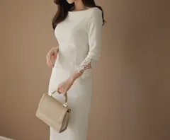 パーティードレス  レース刺繍 タイトワンピース 七分袖 結婚式 二次会 お呼ばれ 食事会 きれいめ 上品 大人 体型カバーフォーマルワンピース 入学式