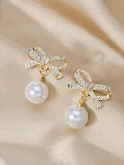 ジュエリー レディース イヤーアクセサリー バレンタイン、母の日などにおすすめ、リボン付きラインストーン フェイクパールドロップピアス