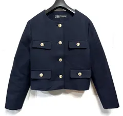 ZARA｜ザラ ROUND NECK PIQUE BLAZER フラップ クロップド ブレザージャケット 紺ブレ