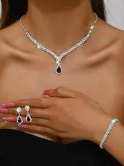 ジュエリー レディース セット 3点セット レディース用シルバーメタル&ラインストーンネックレス、ピアス、ブレスレット ブライダル ウエディングジュエリーセット