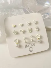 ジュエリー レディース イヤーアクセサリー セット 6ペア マルチピアス ハート フラワー & 人工真珠 スタッドセット レディースジュエリーピアスセット 彼女への誕生日プレゼント