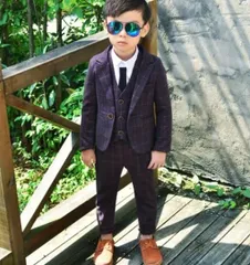 ＜在庫処分＞キッズ フォーマルスーツ 3点セット 紫 チェック柄 ベスト シャツ パンツ 100cm 入学式 発表会 bu1