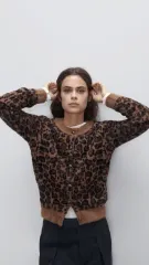 L ZARA ザラ ANIMAL アニマル レオパード ヒョウ柄 ジャカード ニット カーディガン