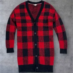 トミーヒルフィガー レッド ブラック CHECK Vネック ニット Long カーディガン 140