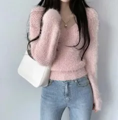 ピンク アンゴラ Vネック ニット