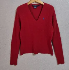 実寸 XS (44) ポロ レッド Vネック ケーブル編み ニット