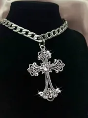 ジュエリー レディース ネックレス 夸張したヴィンテージシルバートーンフローラルクロスペンダントネックレス、ゴシックレトロヒップホップデザイン、厚手のチャンキーチェーンネックレス(男女兼用)
