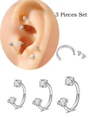 ジュエリー レディース イヤーアクセサリー 3個セット キュービックジルコニア入り ホースシュー&ボールスタッドピアス、女性/女の子用 エレガントな輝くシェイプピアス、トランスペアレントキュービックジルコニア埋め込