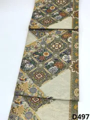 細密織 袋帯 献上格子文 鳳凰 鳥 正絹 六通 D497