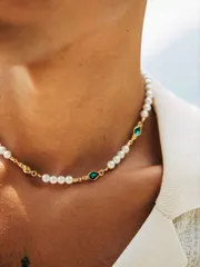 ジュエリー メンズ ネックレス 1個 ヴィンテージグリーン キュービックジルコニア 人工真珠 ネックレス メンズ 日常カジュアルアクセサリー
