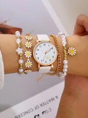 腕時計 レディース セット 1セット レディース腕時計 PUレザーストラップ、フラワーデコレーション、クォーツアナログ時計、デイジーブレスレットとのコーディネート、デイリー使い、誕生日プレゼント、パーティー、休日集