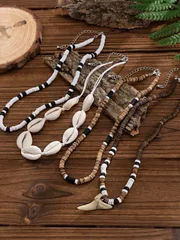 ジュエリー メンズ ネックレス セット ボヘミアンスタイル 貝殻ビーズ ペンダントネックレス 4点セット、パーティー/デイリーウェア用