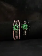 ジュエリー メンズ ブレスレット セット ヴィンテージ グロー    太陽と月のカップルレザーブレスレット2個セット、マルチレイヤービーズ編み込み、人工クリスタルペンダント付き、ユニセックスパンクPUレザーフレンド