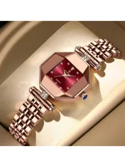 腕時計 レディース クォーツ ルビー調六角ケース 50m防水 蛍光針 ラインストーンスケール レディース腕時計 ファッショナブルカジュアル ローズゴールド ステンレススチールバンド バレンタインデー 誕生日 プレゼ