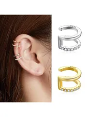 ジュエリー レディース イヤーアクセサリー 1個 925スターリングシルバーイヤーカフ、クリップピアス レディース、ゴールドカラー ダブルレイヤー ファッションジュエリー、ラインストーン 小さいピアス