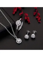 ジュエリー レディース セット 3点セットエレガントな925スターリングシルバーアクセサリー、ジルコニアネックレス、リング、ピアス、ウェディング、パーティー、休日にぴったり