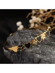 ジュエリー レディース ブレスレット 1個 ステンレス鋼 18Kゴールドメッキ ハート、ブラックシェル&フラワー インレイ4粒立方ジルコニア オープンカフブレスレット、スタイリッシュ、多用途、女性の日常使い、パーテ