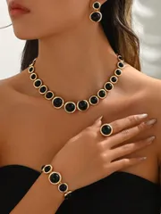 ジュエリー レディース セット レトロ幾何学柄サークルジュエリーセット 4点 ネックレス ブレスレット ピアス リング、クラシックブラックアクリル 半円デコレーション、ファッション エレガント レディース、パーティ