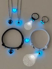 Ladies' Jewelry Set of 6: Hollow Heart-Shaped Projection Beads Glow-In Necklace, Bracelet, and Ring Jewelry Set, Casual Couple Accessories, Suitable for Daily Wear or Valentine's Day Gift