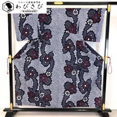 夏着物 浴衣 有松鳴海本絞り 六角形に花火模様 青褐色 K-5018 夏物 本場有松鳴海絞り 浴衣 リサイクル 有松 ゆかた 絞り 木綿 濃藍色