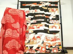 アンティーク 引き振袖 丸帯 2点セット 身丈172cm 飛び鶴 亀 御殿 