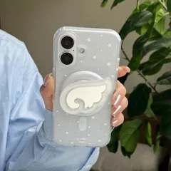 iPhoneケース スマホケース グリップトック ミラー 星 ミルキーウェイ 天使の羽 ホワイト 半透明 クリア マグセーフ ワンタッチ吸着 ワンタッチ充電 耐衝撃 カメラレンズ保護 落下防止 おしゃれ 高見え 女の子