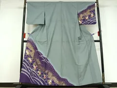 平和屋着物▽訪問着　単衣　草花文　暈し染め　金彩　洗える着物　AABG8743jh