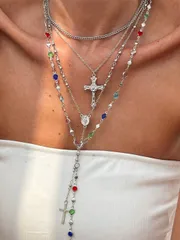 ジュエリー レディース ネックレス ジルコニア マルチカラー チェーン 字型 & クロスペンダントネックレスセット 4個入り、旅行、デート、パーティに適しています