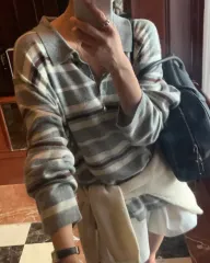 アイン ストライプ カラーネックニット/ルーズフィットニット(グレー)