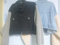 デニム ニット バイカラー クロップド ジャケット ブラック/デニム色