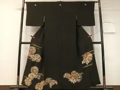 平和屋着物●アンティーク　大正ロマン　黒留袖　駒刺繍　霞雪輪花文　金彩　正絹　逸品　CABD8145vp