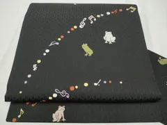 平和屋着物●九寸名古屋帯　唐織　カエル　音符　黒地　正絹　逸品　CABE0274hyのサムネイル