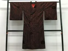 平和屋着物∞道行コート　輪奈ビロード　草花文　黒地　ロング丈　正絹　逸品　CABD4698ua