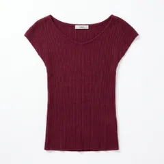 [C-3] リブニット クルーネック 半袖Tシャツ ワインレッド