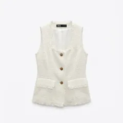 [C-5] ZARA ツイードベスト オフホワイト 金ボタン