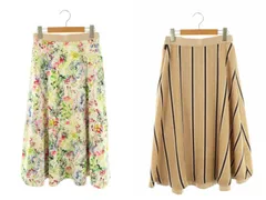 ロペ ROPE フラワープリント&ストライプフレアースカート ミモレ ロング リバーシブル 36 白 ホワイト 茶 ブラウン /AT ■OS