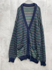 MONO-MART モノマート LDcd660 透かし編みマルチボーダーVネックニットカーディガン sizeF/ネイビー ■◇レディース