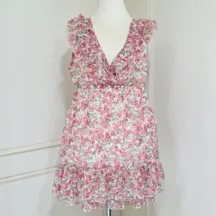 日本 ヴィンテージ)ローズ 姫ギャルst ロマンティック Vネック フリルシャーリング ティアード リズリサ風 チュニック ONE PIECE