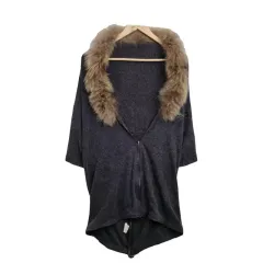 JPN グレー ファー ジップアップ ロング カーディガン FREE アークス アクリル ブレンド