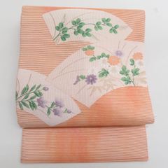 夏＊名古屋帯 紋紗 芝文に花模様 オレンジ 和装着物 正絹 カジュアル