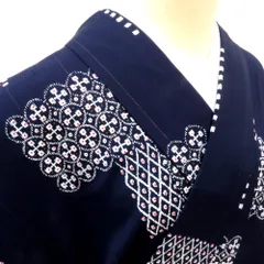 小紋 昔 アンティーク 昔着物 紺×白赤 角 丸 格子 幾何学 バチ衿 正絹 昔きもの レトロ 明治大正ロマン カジュアル 和洋ミックス 身丈155cm