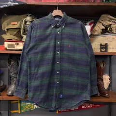 90s ポロ ラルフローレン ブラックウォッチ チェック柄 レッドポニー フランネル シャツ N375