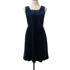 アクシーズファム axes femme ワンピース フレア ひざ丈 スクエアネック ベロア調 アーガイル レース ノースリーブ M 紺 ネイビー
