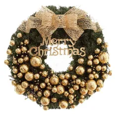 造花 贈り物 緑 リボン付 輪 ボール 飾り 飾り X’mas デコレーション Merry 装飾 Christmas文字付 ドアチャーム メリークリスマス 玄関リース 店舗 オーナメント付 来年順調語り 撮影 果実物語 道具 北欧風 (ゴールド) クリスマスリ