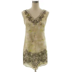 ロイヤルパーティー ROYAL PARTY ワンピース ノースリーブ Vネック ひざ丈 総柄 アイボリー ブラウン 茶 マルチカラー F